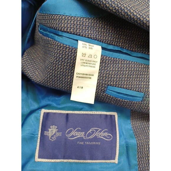 Sean John Tweed Blue Jacket Blazer Sz 41R Wool Silk Blue Brown - Picture 10 of 11